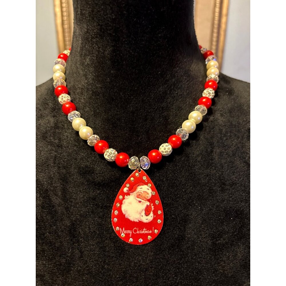 Santa Pendant Beaded Christmas Necklace Red White Beads Adjustable Chain Holiday